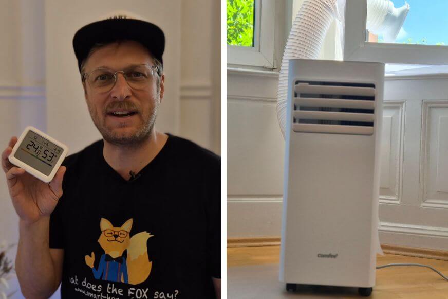 Comfee Breezy Cool 2.6 Klimaanlage neben einem digitalen Thermometer in einem Büroraum